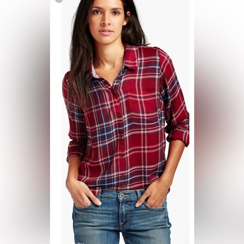 Lucky Brand Red Blue‎ Plaid Button Back Modal Viscose Plaid Shirt Womens Large